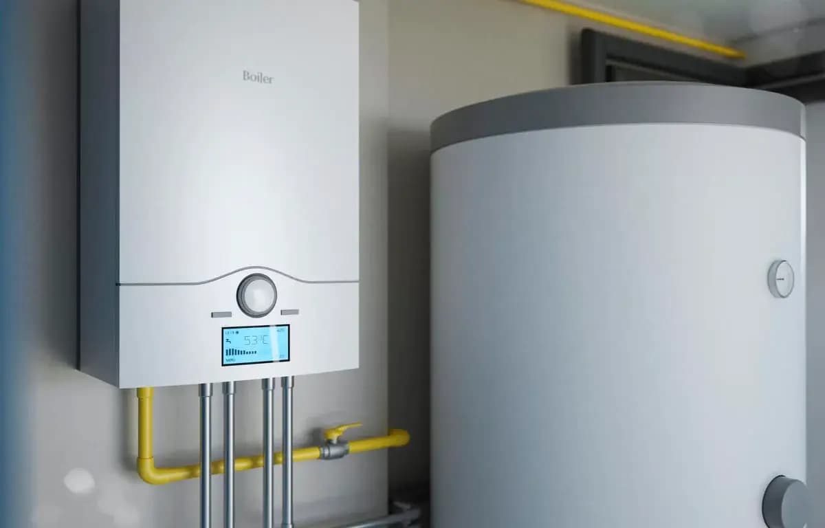 Wall-mounted boiler and hot-water cylinder in a heating installation