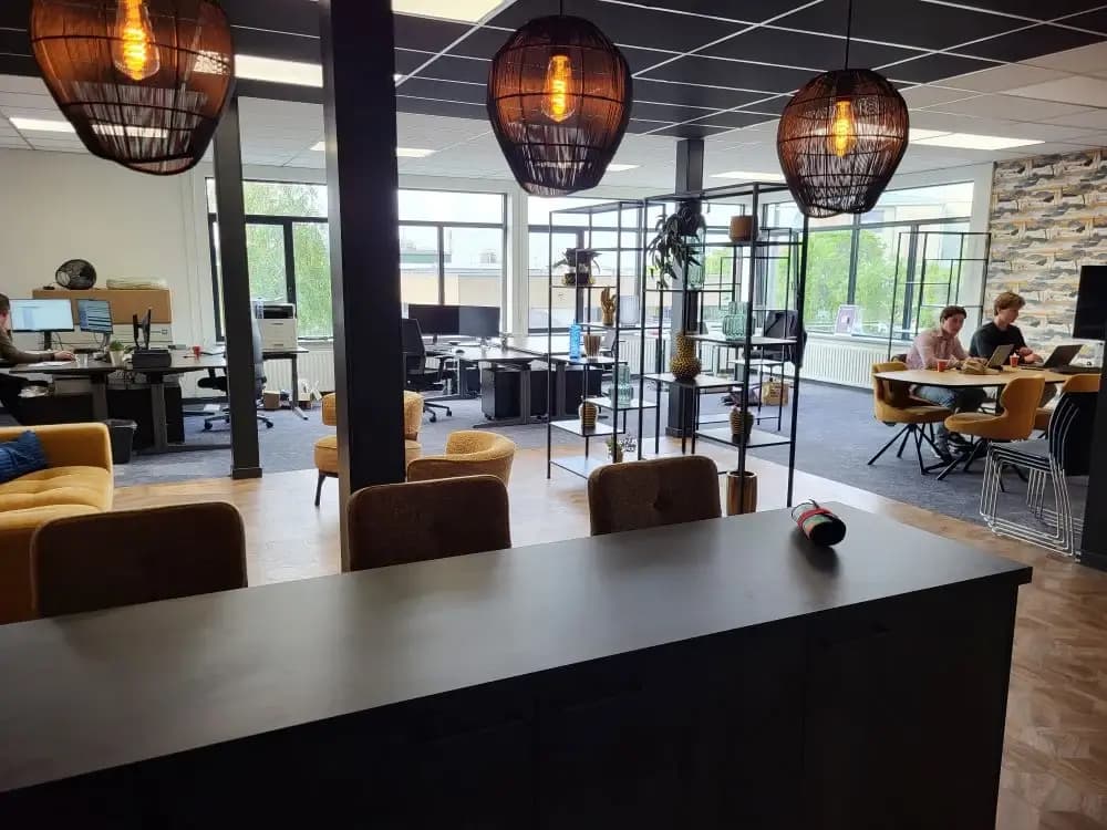 Shared office with pendant lighting, workstations and meeting areas