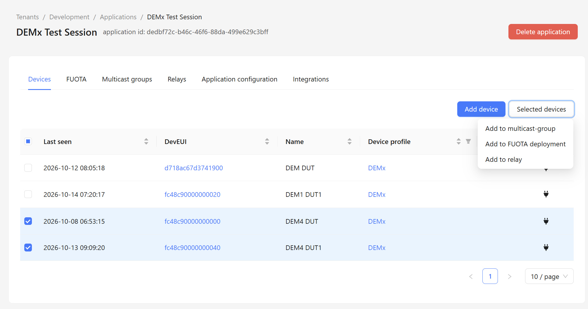 ChirpStack application, Devices tab with two DEM4 devices selected and the Selected devices menu open on Add to FUOTA deployment