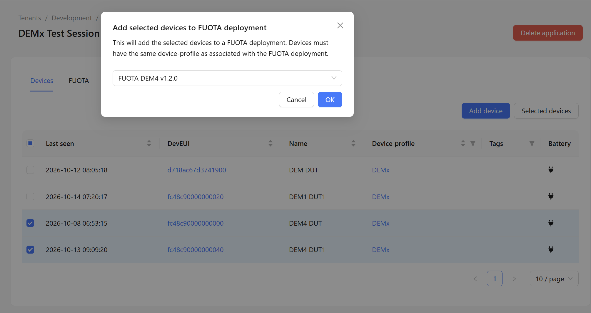 ChirpStack popup Add selected devices to FUOTA deployment with the FUOTA DEM4 v1.2.0 deployment selected