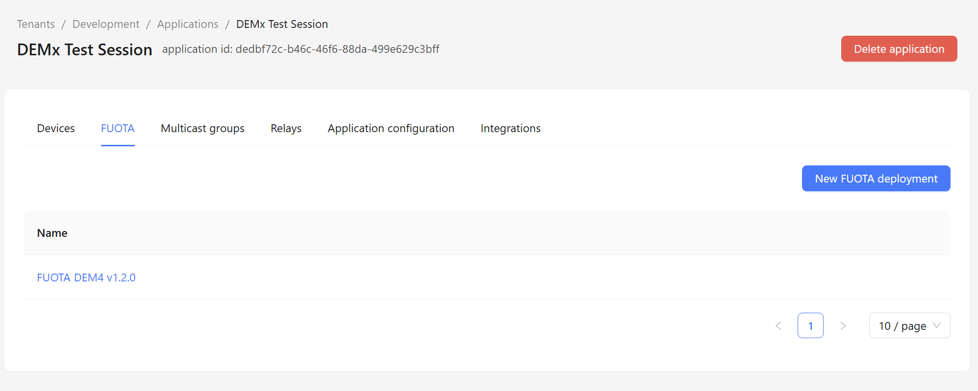 ChirpStack application, FUOTA tab listing the FUOTA DEM4 v1.2.0 deployment and the New FUOTA deployment button
