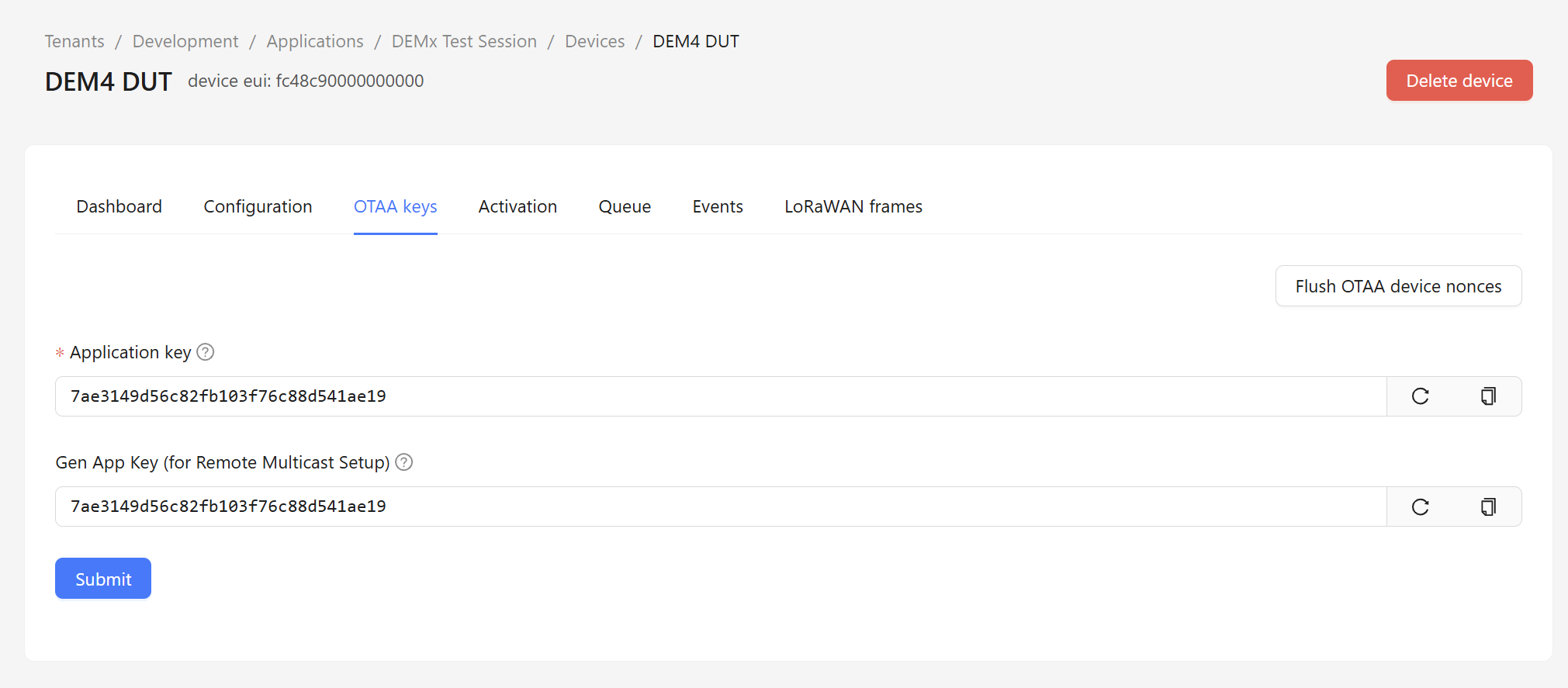 ChirpStack device, OTAA keys tab: Gen App Key (for Remote Multicast Setup) set to the same value as the Application key