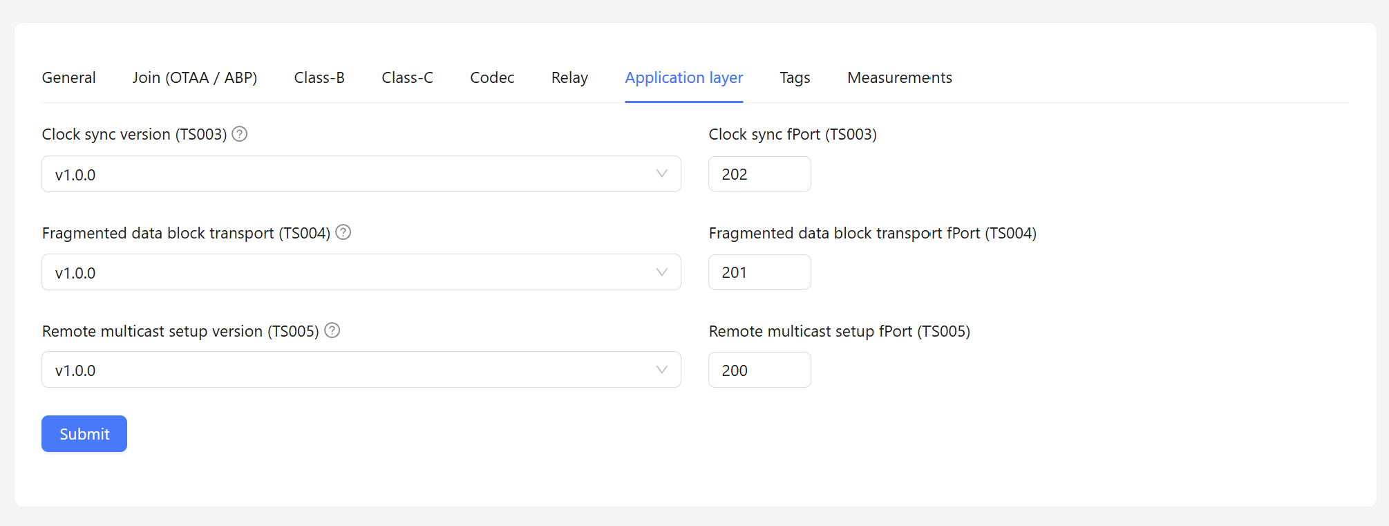 ChirpStack device profile, Application layer tab: clock sync TS003 v1.0.0 on fPort 202, fragmented data block transport TS004 v1.0.0 on fPort 201, remote multicast setup TS005 v1.0.0 on fPort 200
