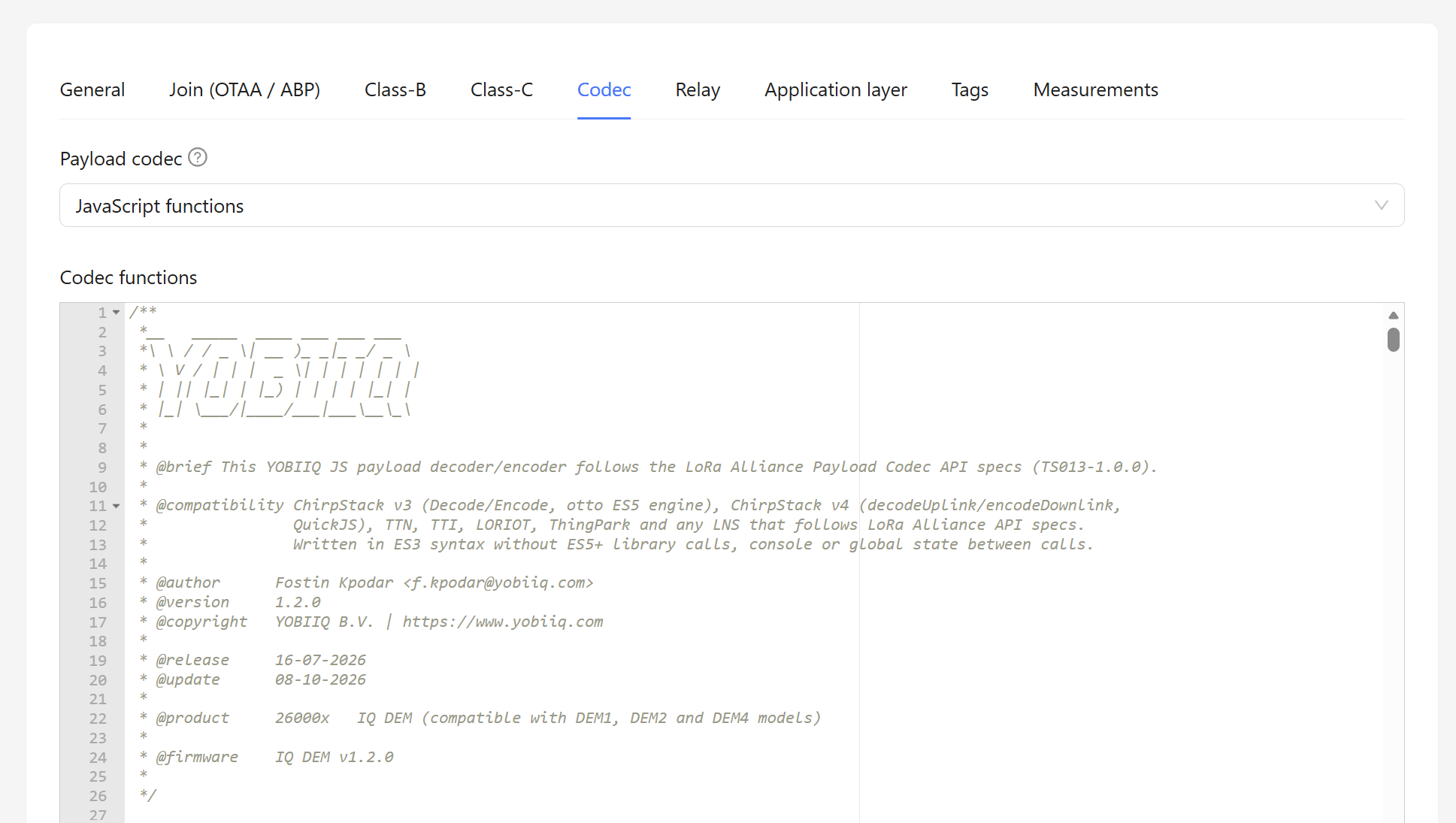 ChirpStack device profile, Codec tab: payload codec JavaScript functions with the YOBIIQ IQ DEM codec v1.2.0