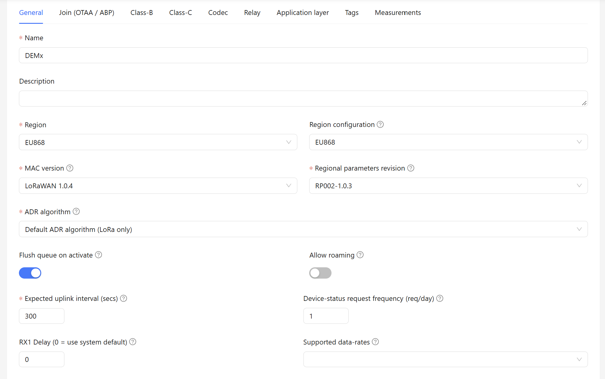 ChirpStack device profile, General tab: region EU868, MAC version LoRaWAN 1.0.4, regional parameters revision RP002-1.0.3, expected uplink interval 300 seconds