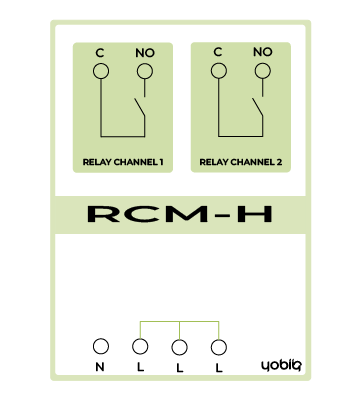 RCM-H connection diagram showing normally open relay contacts, neutral and three internally connected line terminals