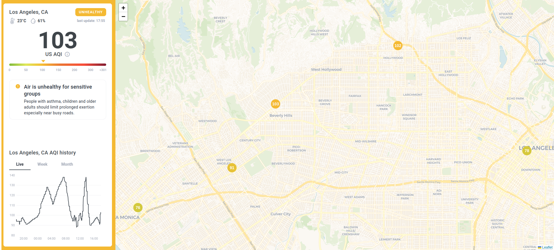 Map showing an sensor with unhealthy air quality